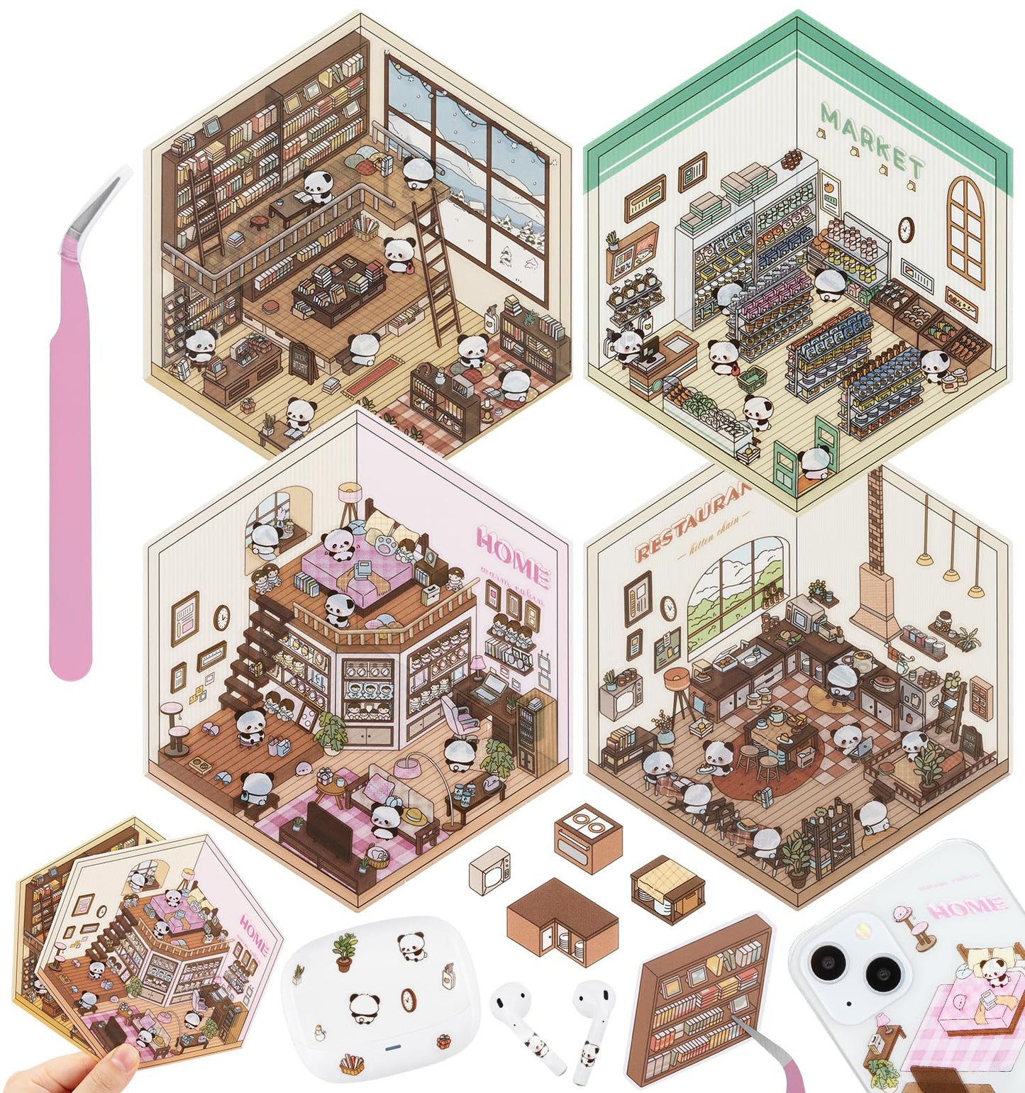 Pindda DIY 3D Sticker Scenes – 4 Sets of Reusable Mini House & Cute Scenes