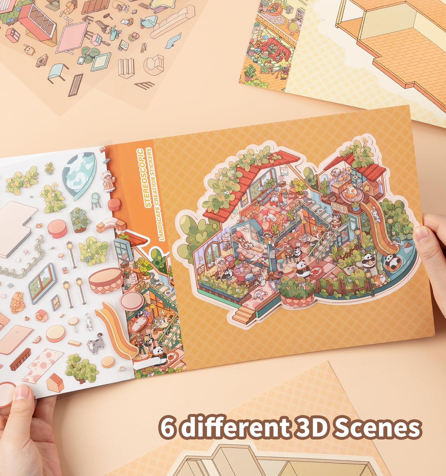 Pindda Sticker Book: 6 Sets 3D House Stickers for DIY Mini Scenes