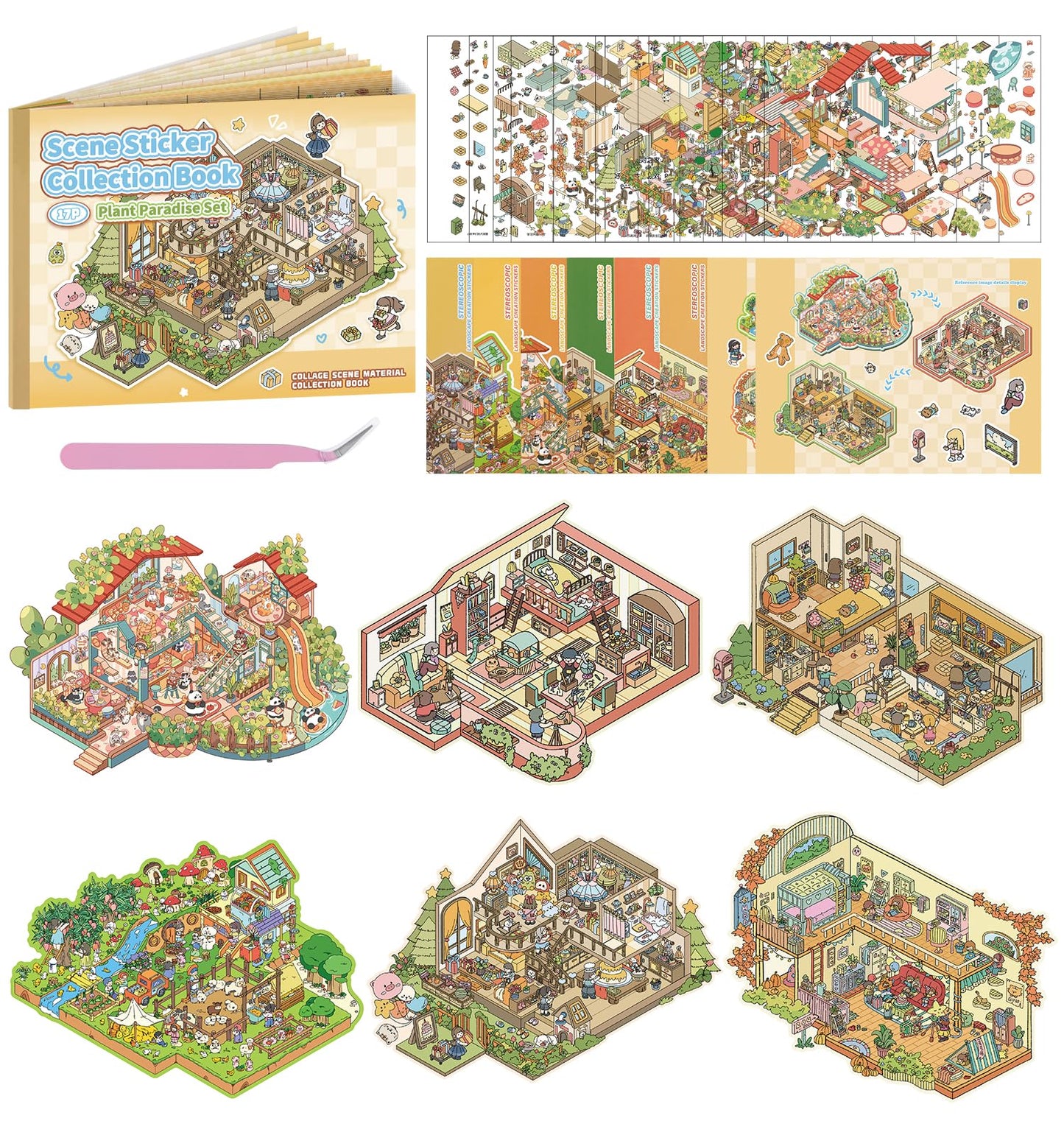 Pindda Sticker Book: 6 Sets 3D House Stickers for DIY Mini Scenes