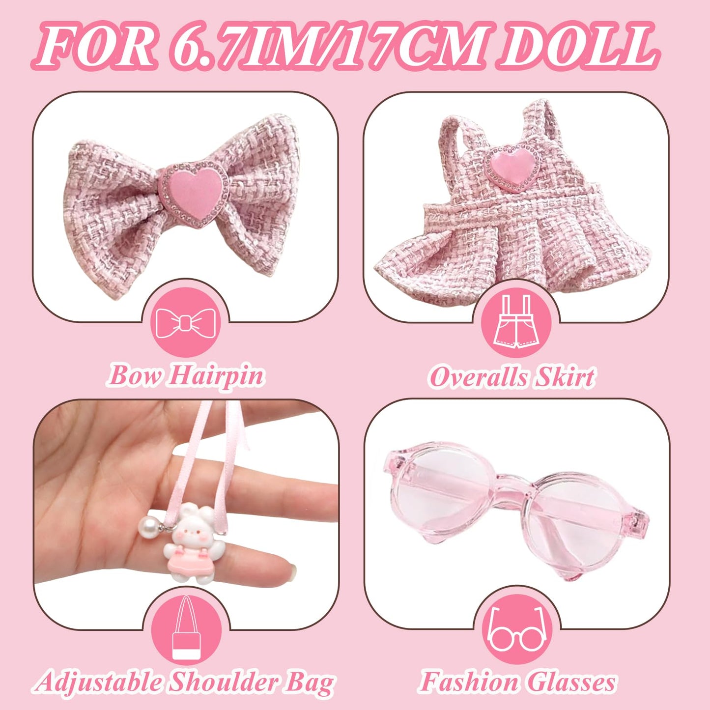 Pink 4-Piece Doll Outfit Set for 17cm Dolls – Dress, Hairpin, Glasses, Rabbit Charm