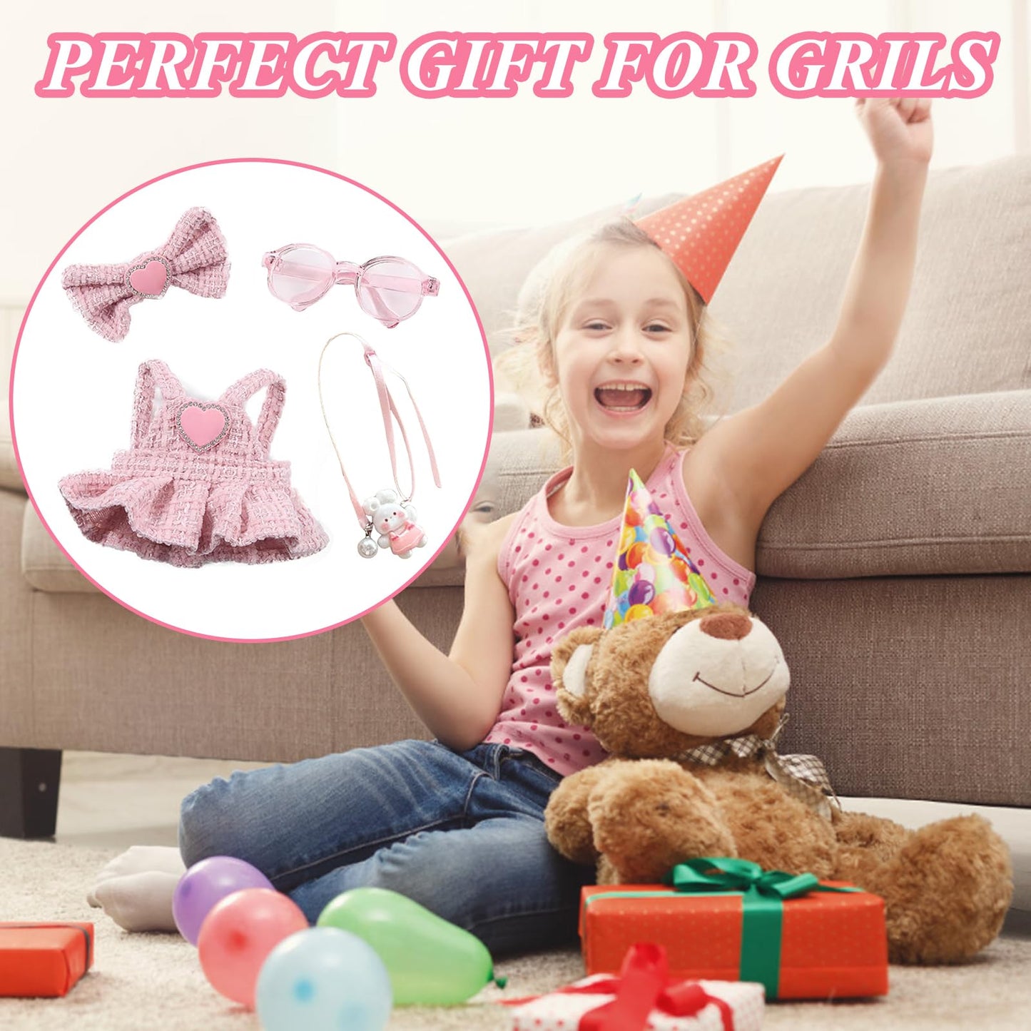 Pink 4-Piece Doll Outfit Set for 17cm Dolls – Dress, Hairpin, Glasses, Rabbit Charm