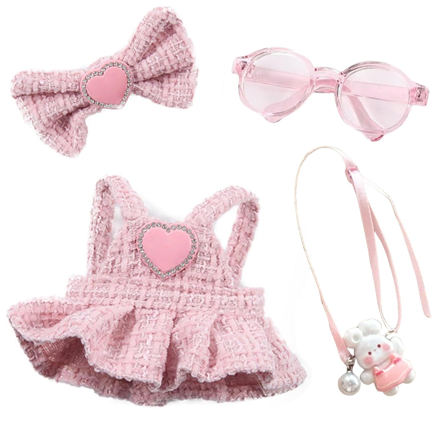 Pink 4-Piece Doll Outfit Set for 17cm Dolls – Dress, Hairpin, Glasses, Rabbit Charm