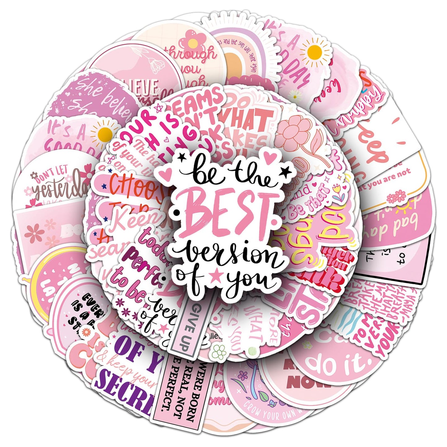 50pcs Pink Motivational Stickers – Waterproof Vinyl Quotes for Laptops, Water Bottles & More