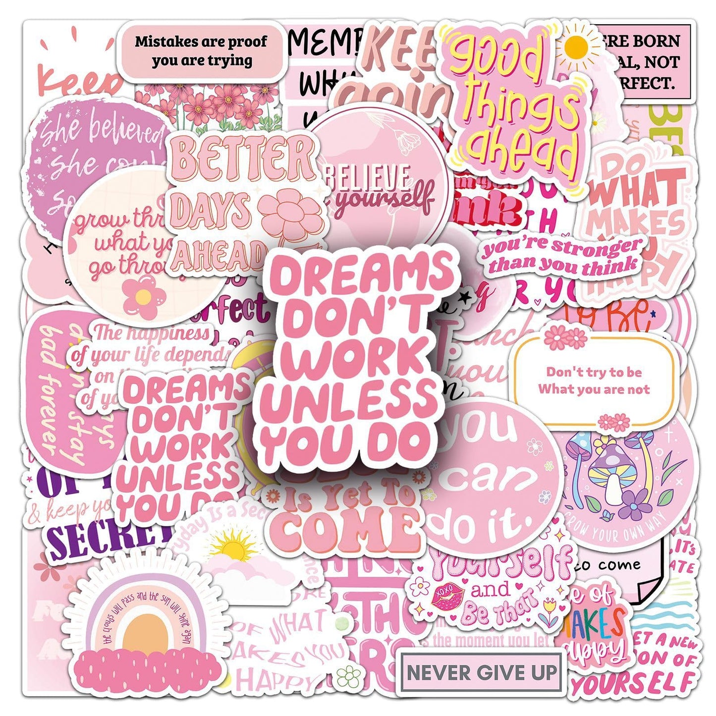 50pcs Pink Motivational Stickers – Waterproof Vinyl Quotes for Laptops, Water Bottles & More