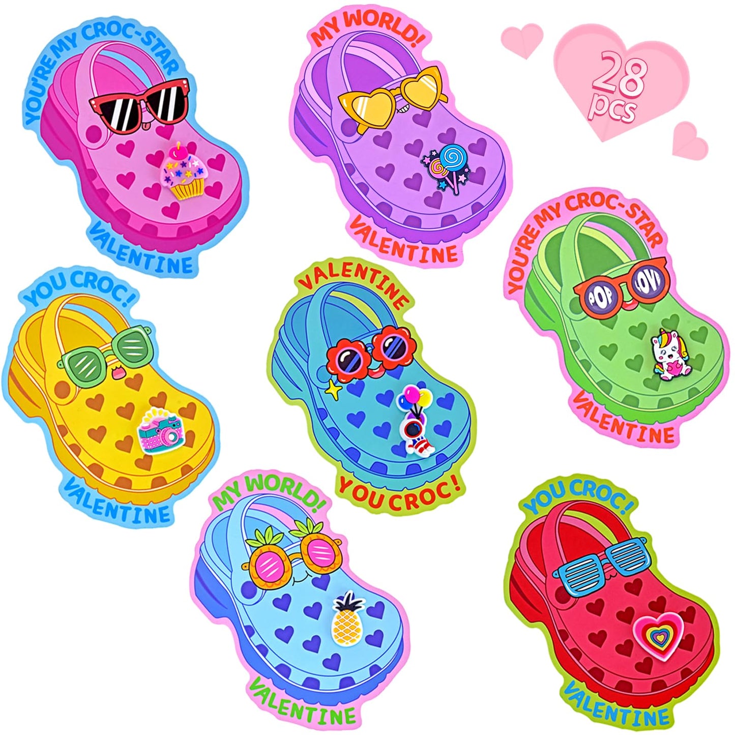 Pinkcow Valentines Day Cards with Shoe Charms Bulk — 28-Pack for Kids Classroom Gifts