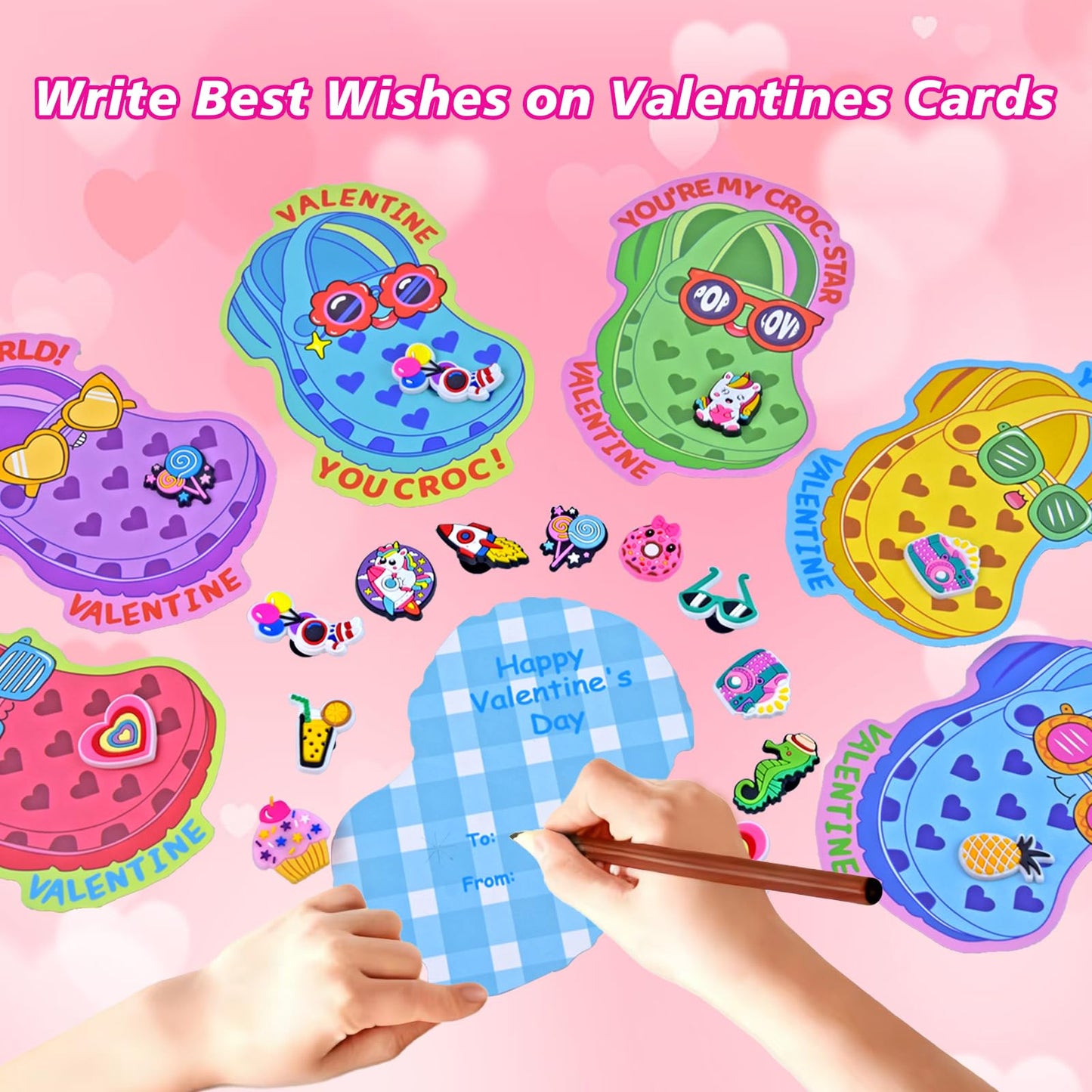 Pinkcow Valentines Day Cards with Shoe Charms Bulk — 28-Pack for Kids Classroom Gifts