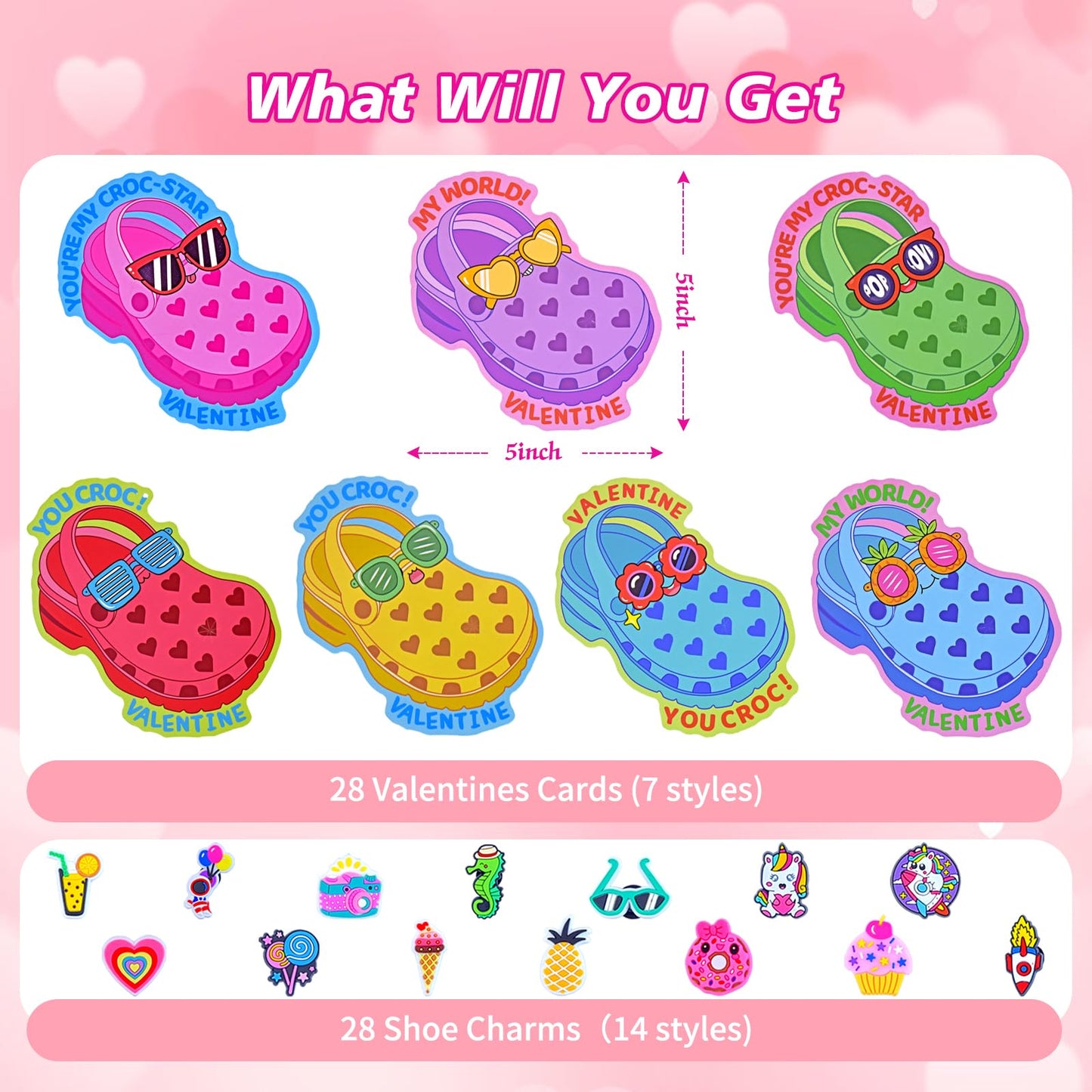 Pinkcow Valentines Day Cards with Shoe Charms Bulk — 28-Pack for Kids Classroom Gifts