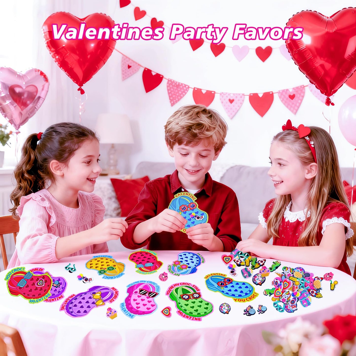 Pinkcow Valentines Day Cards with Shoe Charms Bulk — 28-Pack for Kids Classroom Gifts