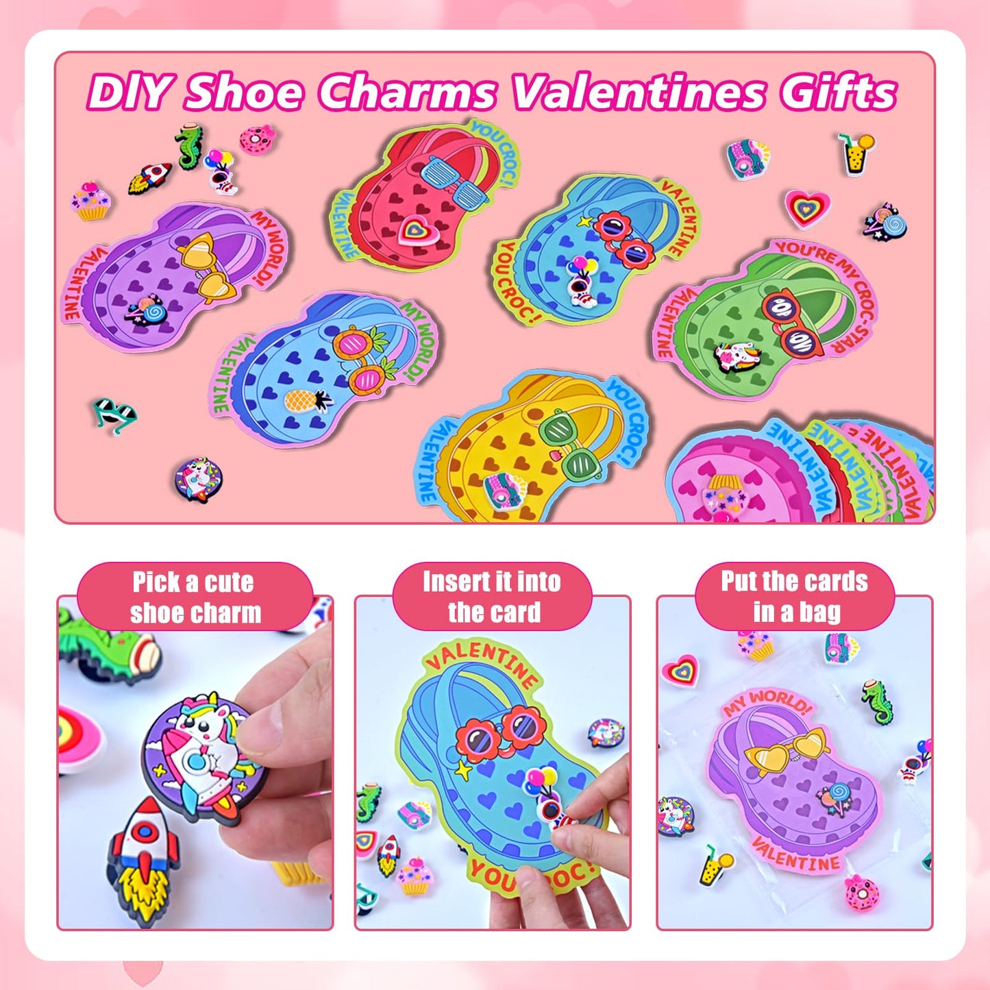 Pinkcow Valentines Day Cards with Shoe Charms Bulk — 28-Pack for Kids Classroom Gifts