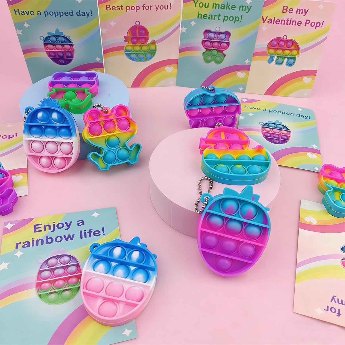 Pinkiwine 24 PCS Valentines Cards with Colorful Pop Toys – Kids Classroom Gifts & Party Favors