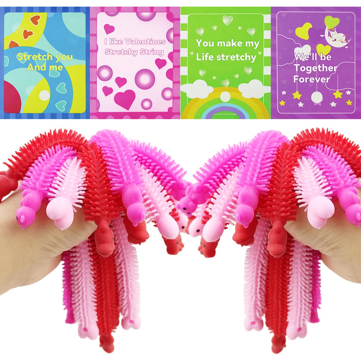 Pinkiwine 24 Pack Valentines Cards with Stretchy String Toys – Kids Classroom Valentines Day Gifts & Party Favors