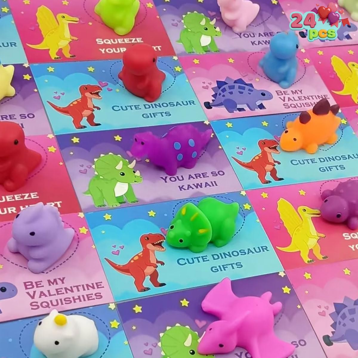 Pinkiwine 24-Pack Dinosaur Mochi Squishy Valentines Cards – Kids Class Gifts & Party Favors