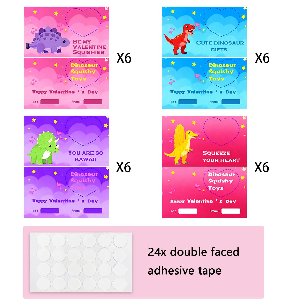 Pinkiwine 24-Pack Dinosaur Mochi Squishy Valentines Cards – Kids Class Gifts & Party Favors