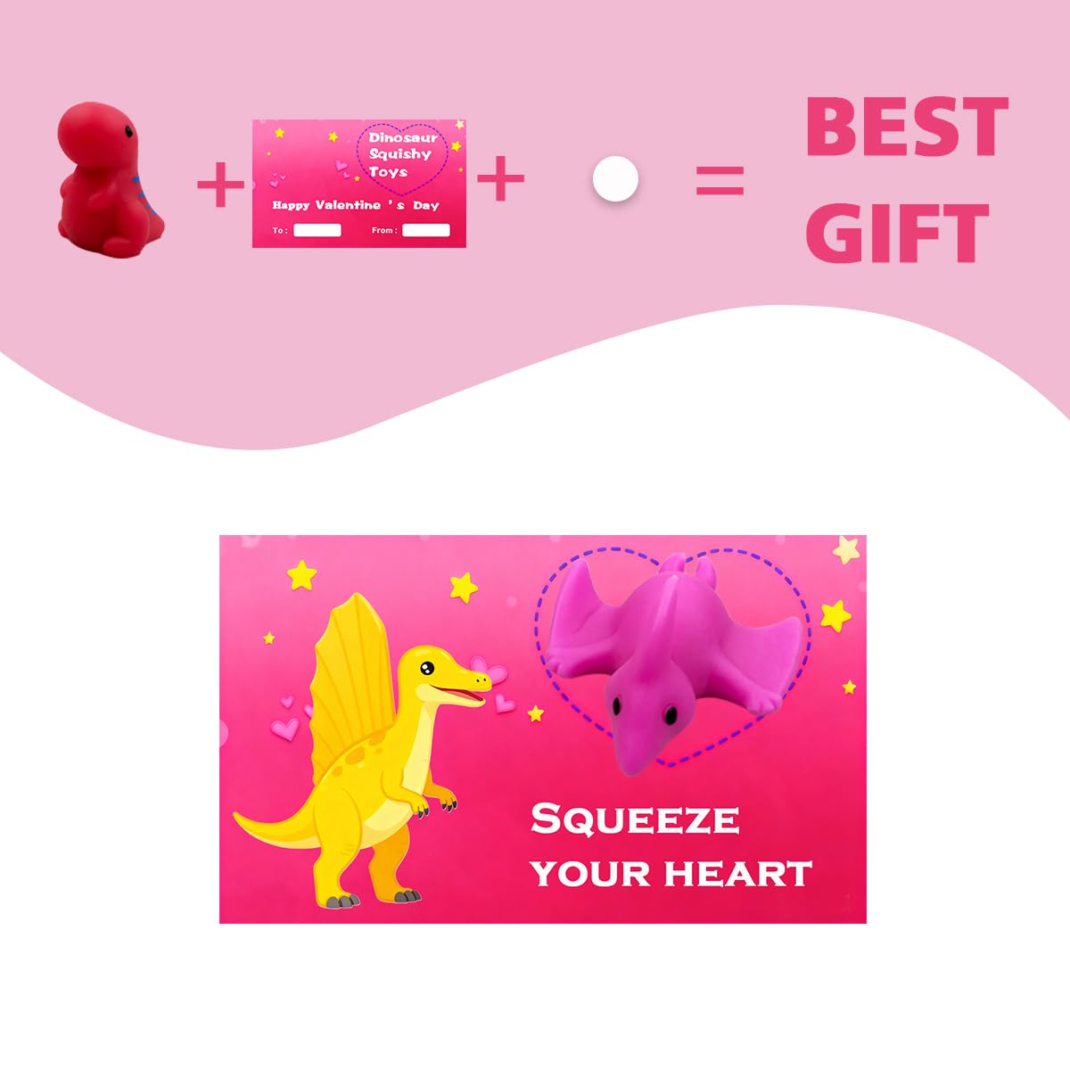 Pinkiwine 24-Pack Dinosaur Mochi Squishy Valentines Cards – Kids Class Gifts & Party Favors