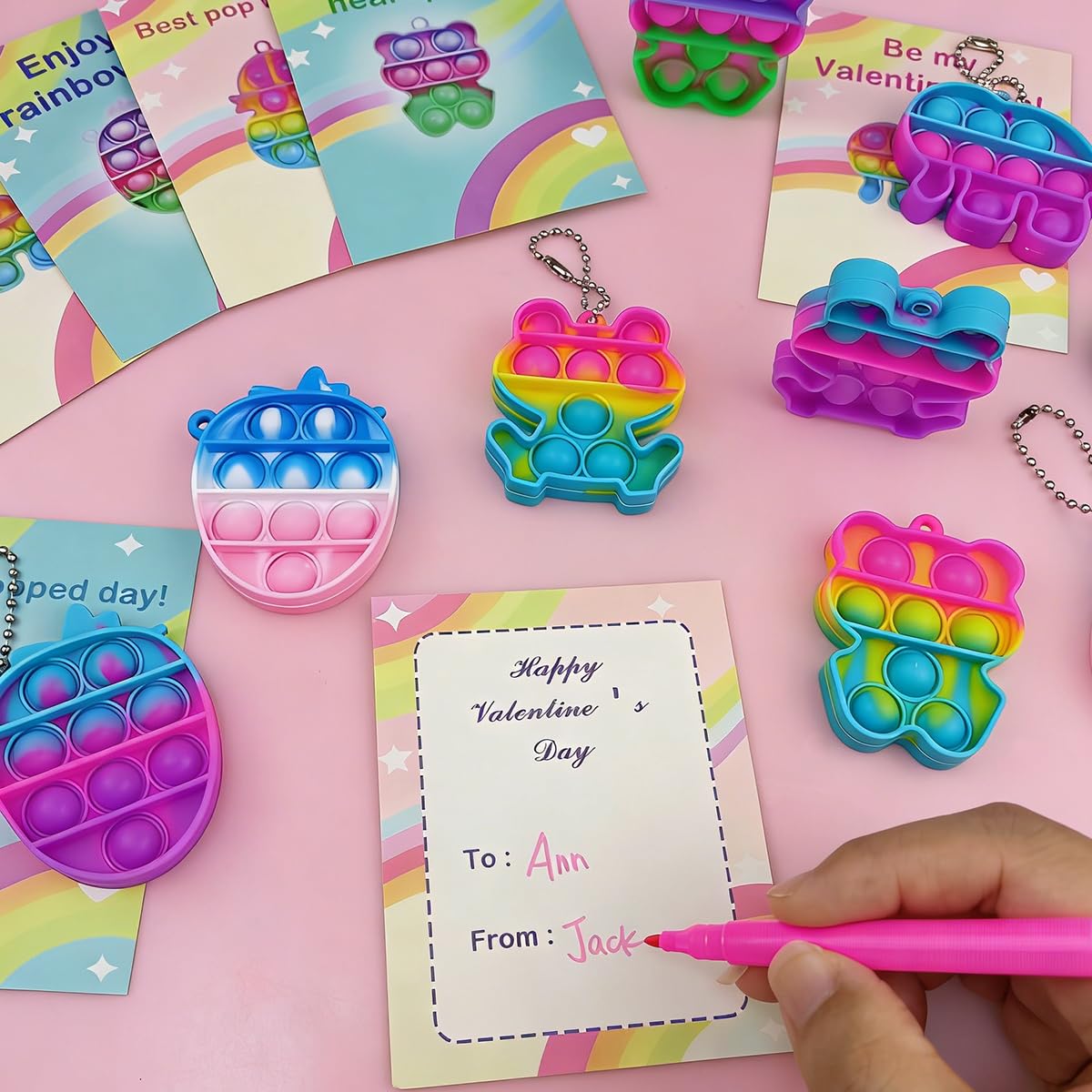 Pinkiwine 24 PCS Valentines Cards with Colorful Pop Toys – Kids Classroom Gifts & Party Favors