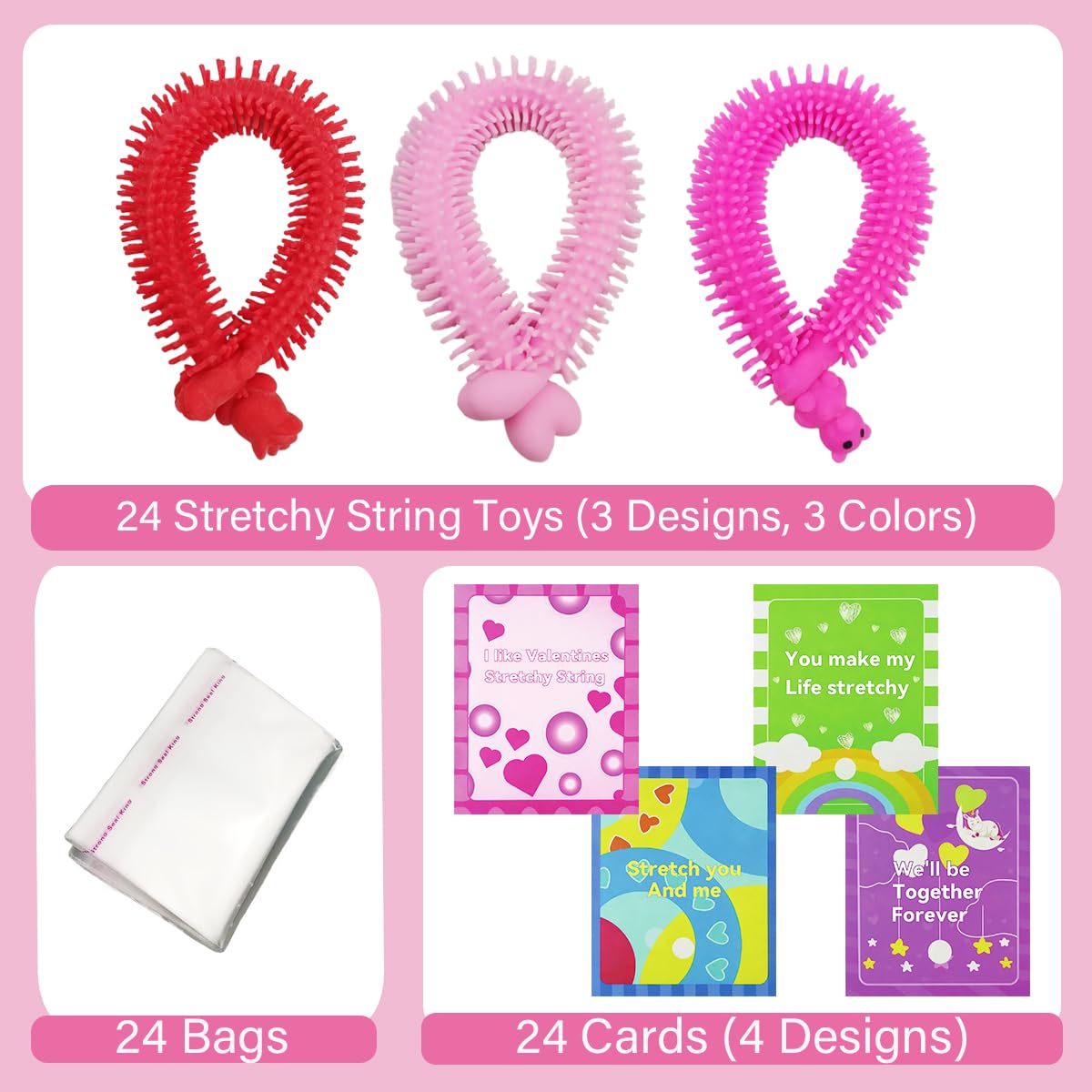 Pinkiwine 24 Pack Valentines Cards with Stretchy String Toys – Kids Classroom Valentines Day Gifts & Party Favors