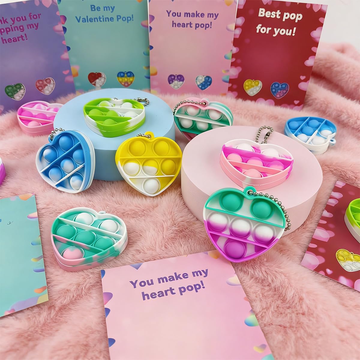 Pinkiwine 24 PCS Valentines Cards with Heart Pop Toys – Kids Valentines Day Cards & Party Favors