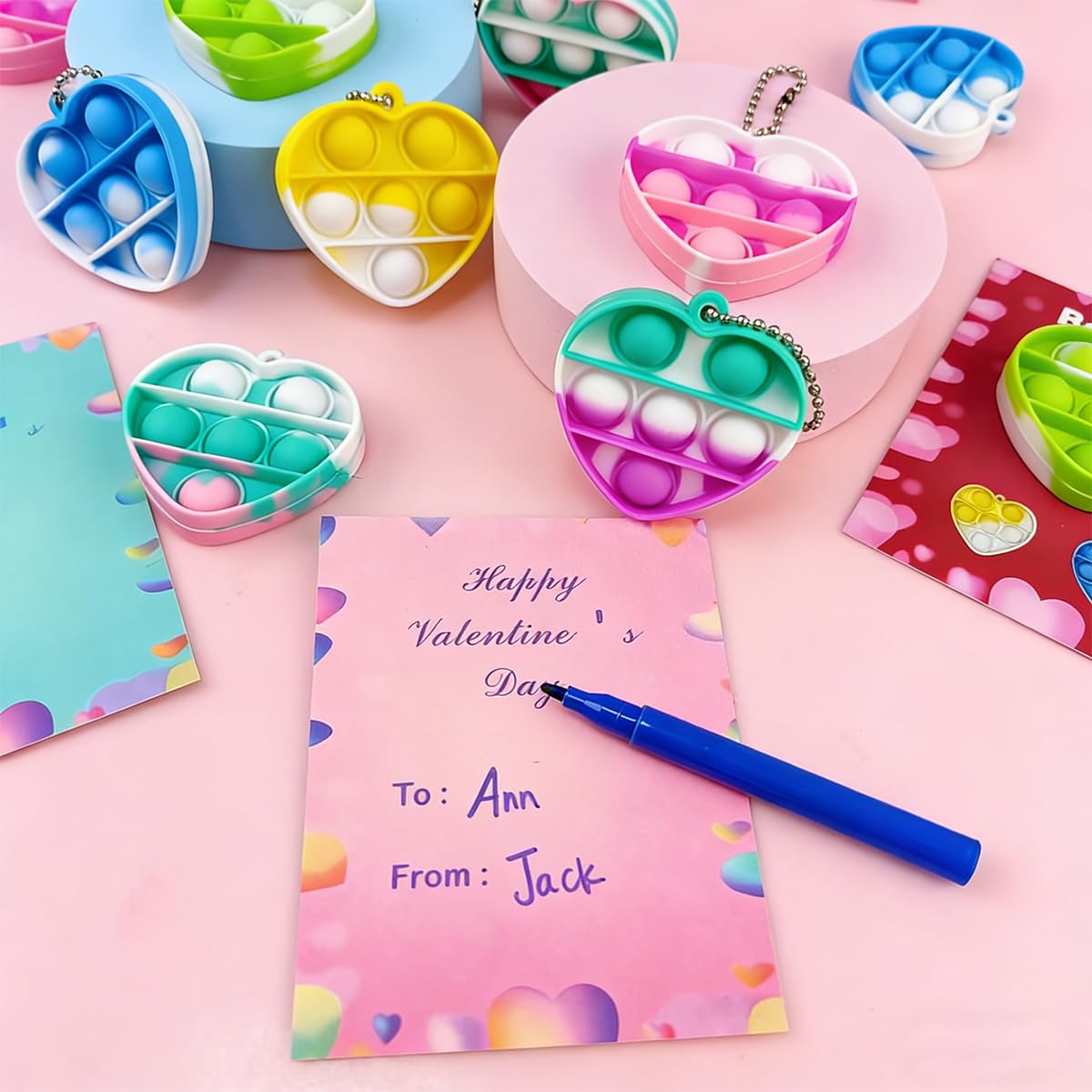 Pinkiwine 24 PCS Valentines Cards with Heart Pop Toys – Kids Valentines Day Cards & Party Favors
