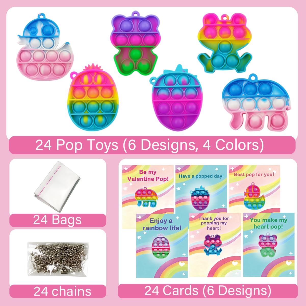 Pinkiwine 24 PCS Valentines Cards with Colorful Pop Toys – Kids Classroom Gifts & Party Favors