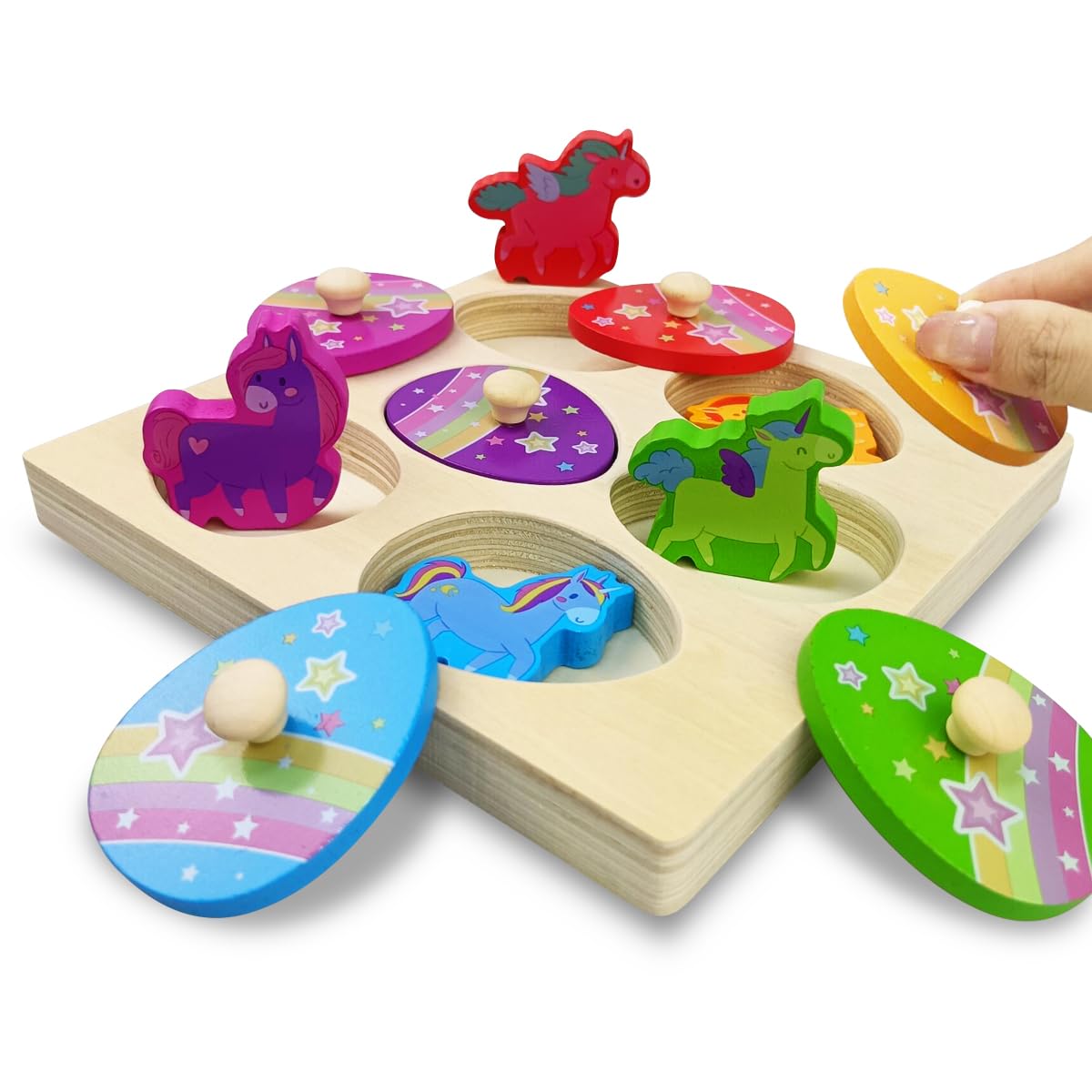 Pinkiwine Unicorn Wooden Peg Puzzles – Montessori Toys for Kids & Toddlers