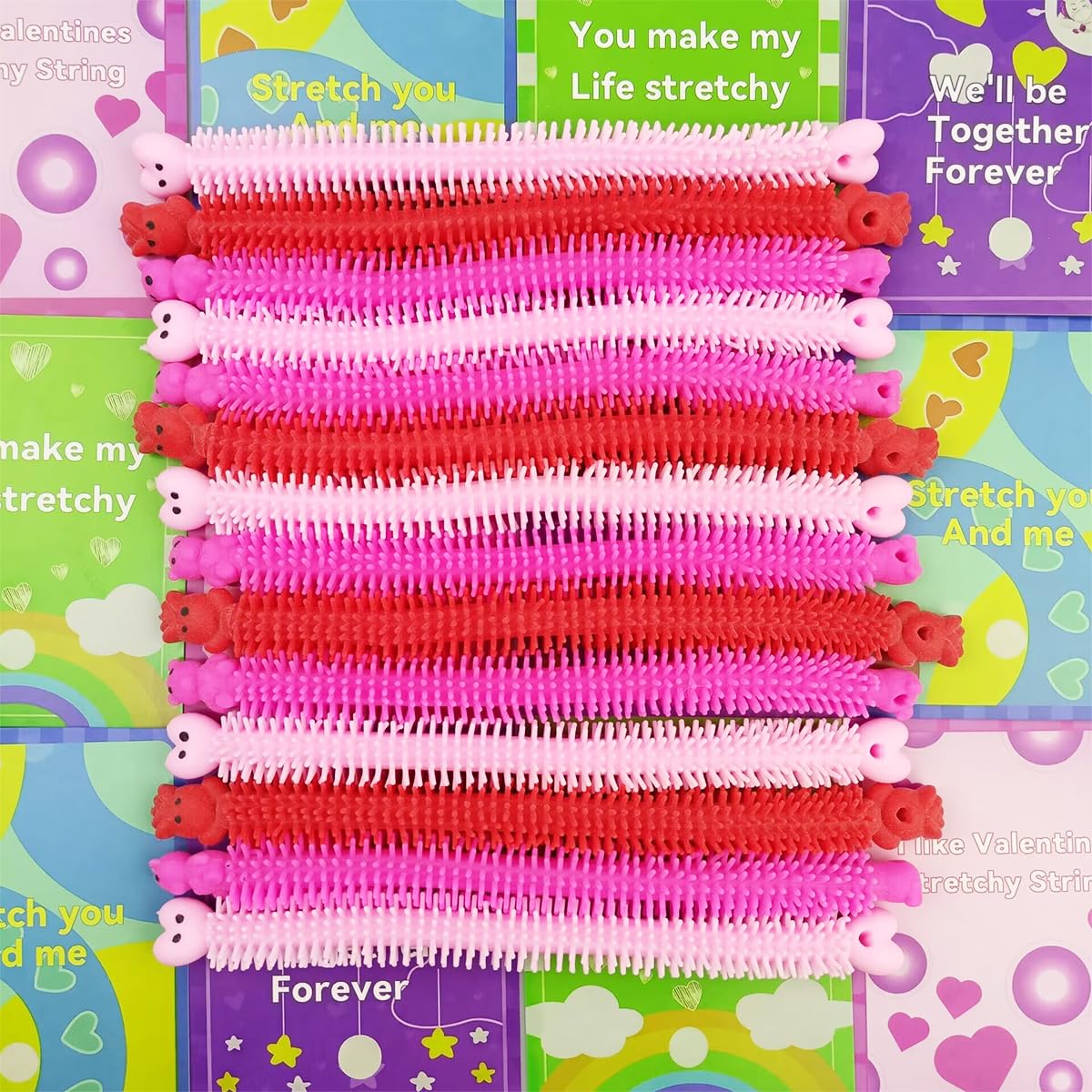 Pinkiwine 24 Pack Valentines Cards with Stretchy String Toys – Kids Classroom Valentines Day Gifts & Party Favors