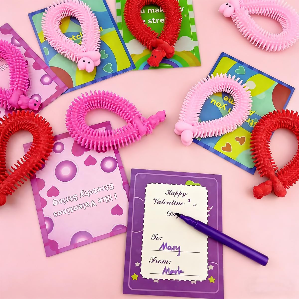 Pinkiwine 24 Pack Valentines Cards with Stretchy String Toys – Kids Classroom Valentines Day Gifts & Party Favors