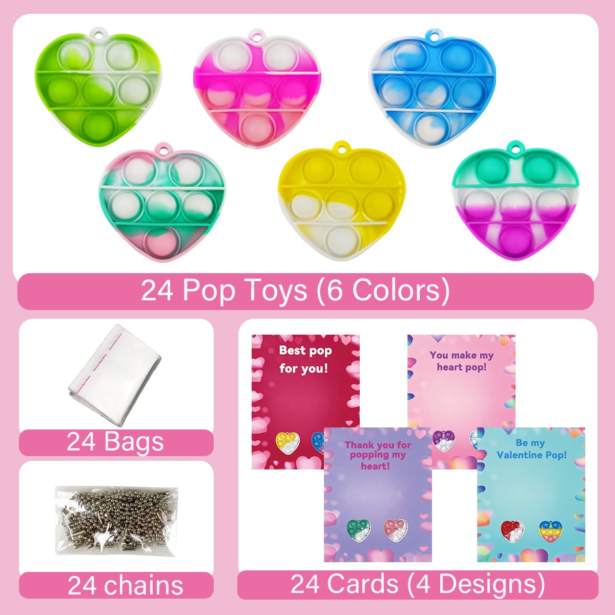 Pinkiwine 24 PCS Valentines Cards with Heart Pop Toys – Kids Valentines Day Cards & Party Favors