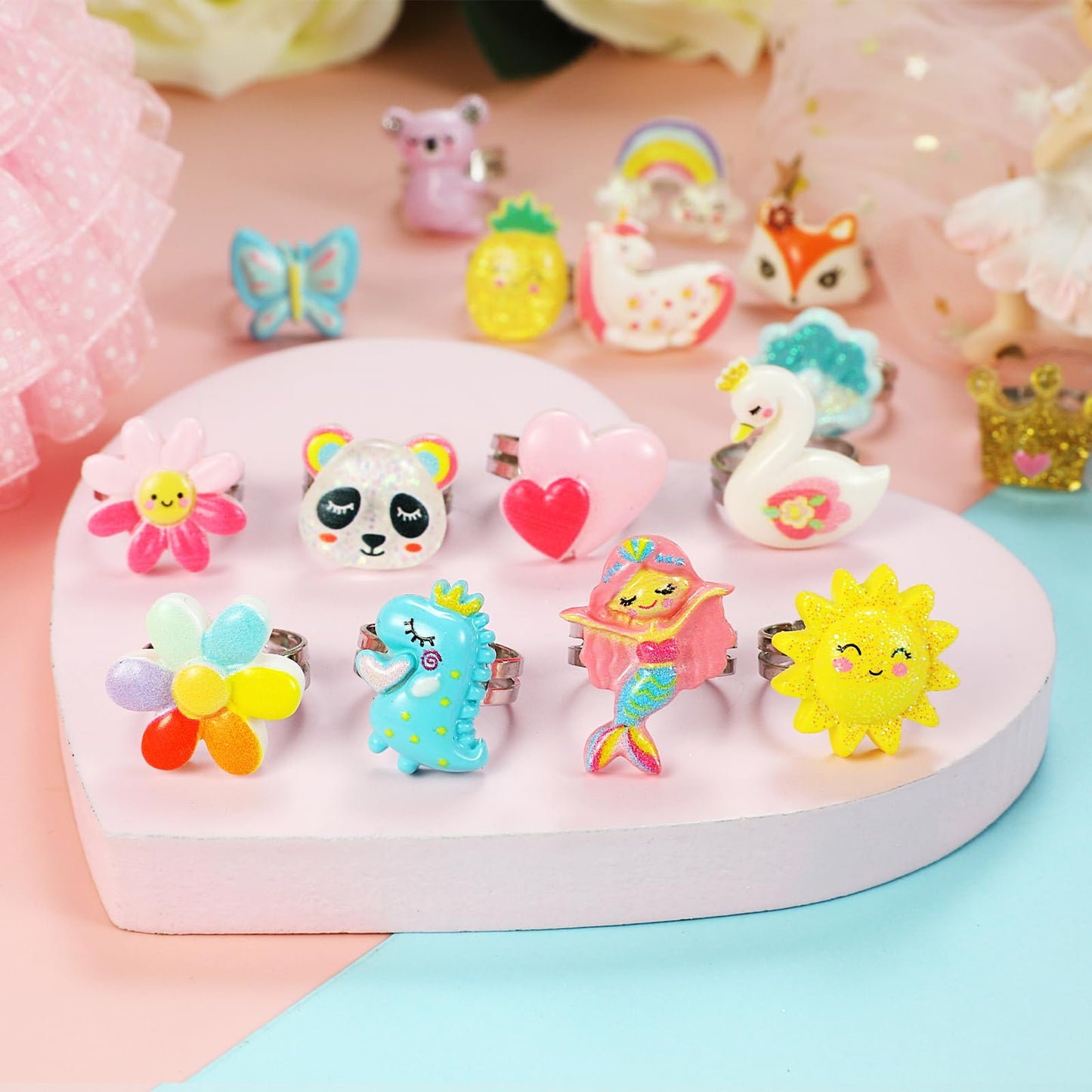 PinkSheep Little Girl Jewel Rings in Heart Box – Adjustable Dress-Up Rings for Kids