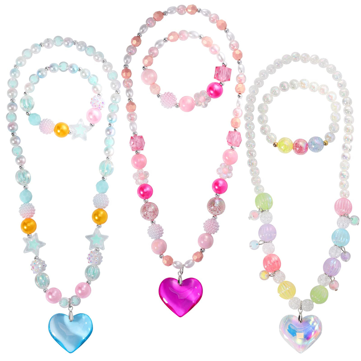 PinkSheep Beads Necklace & Bracelet Set for Kids – 3-Piece Heart Jewelry