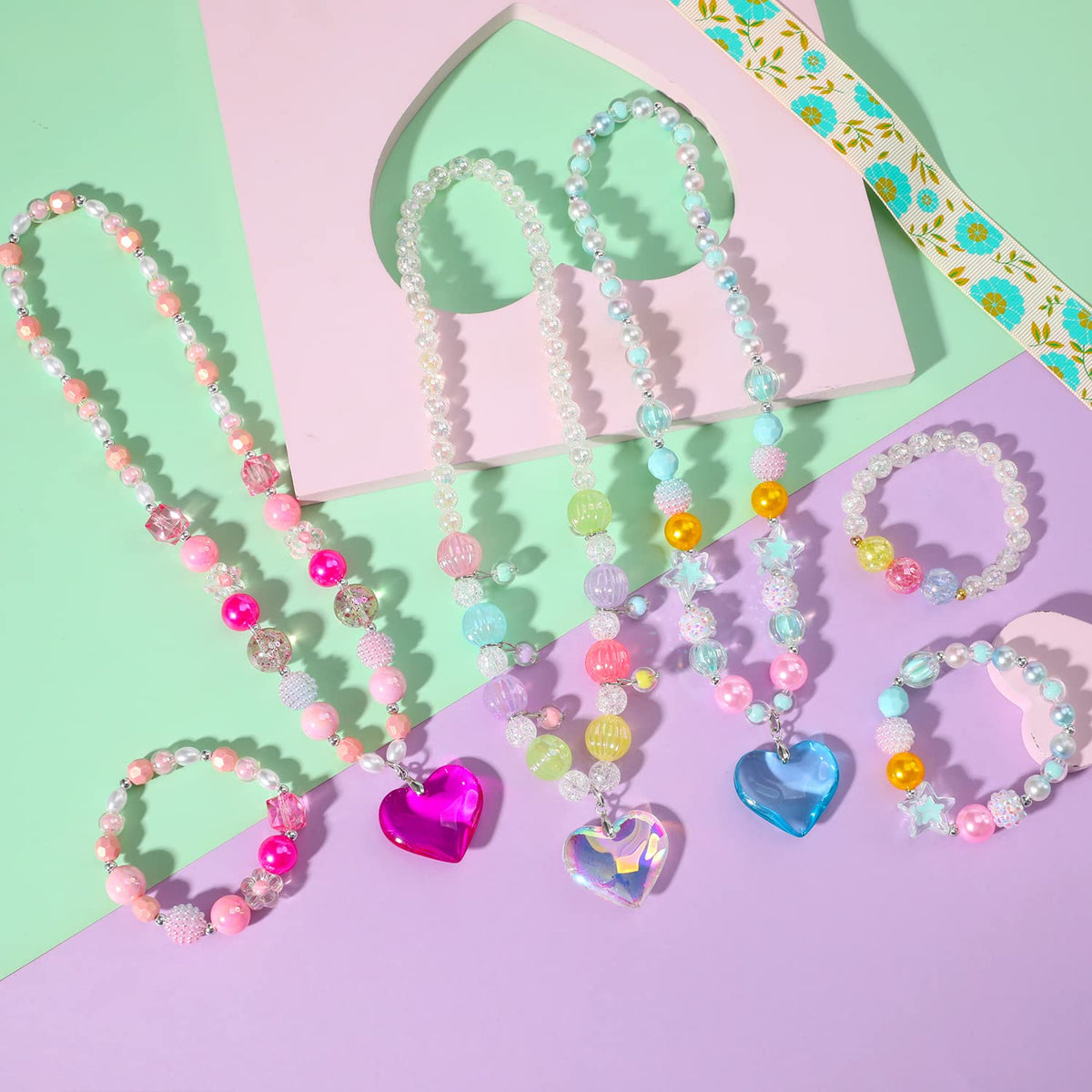 PinkSheep Beads Necklace & Bracelet Set for Kids – 3-Piece Heart Jewelry