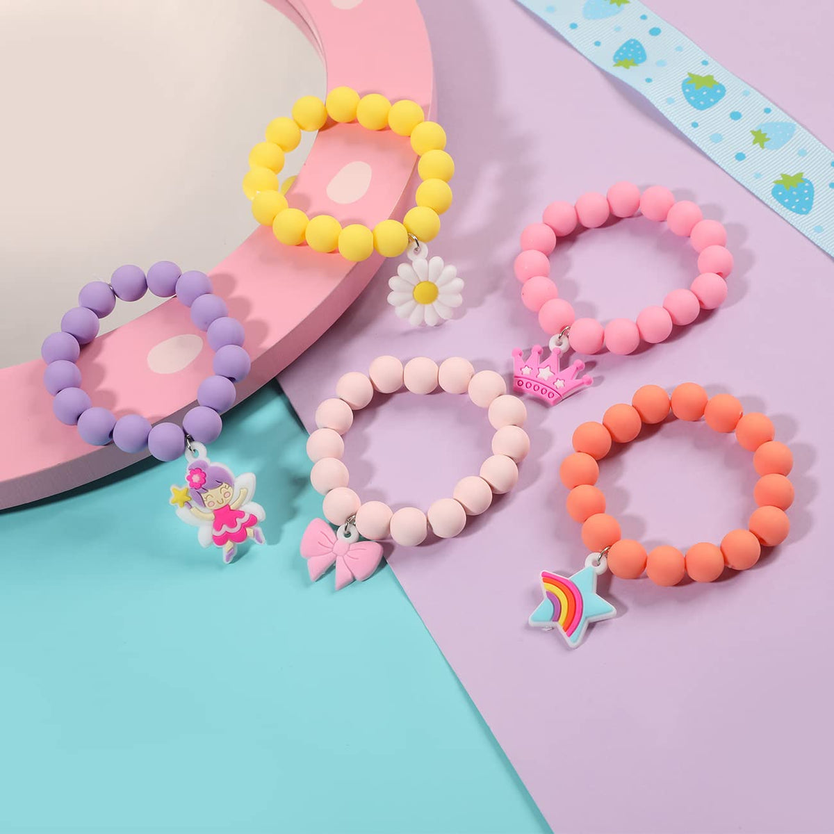 PinkSheep Rainbow Beaded Bracelets for Little Girls – Unicorn, Butterfly & Bunny Charms, Elastic Gift Set