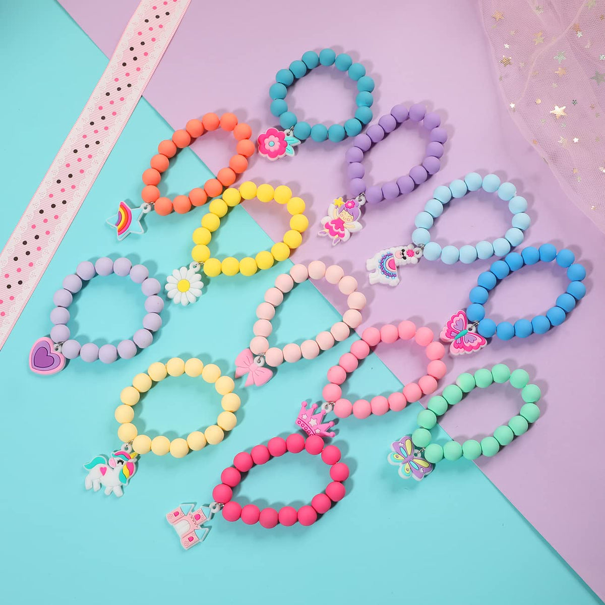 PinkSheep Rainbow Beaded Bracelets for Little Girls – Unicorn, Butterfly & Bunny Charms, Elastic Gift Set