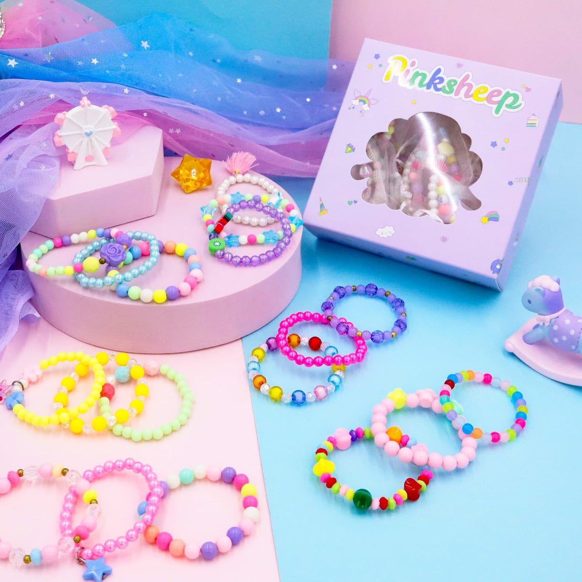 PinkSheep 36-Piece Girls Bracelets Set – Colorful Kids Jewelry