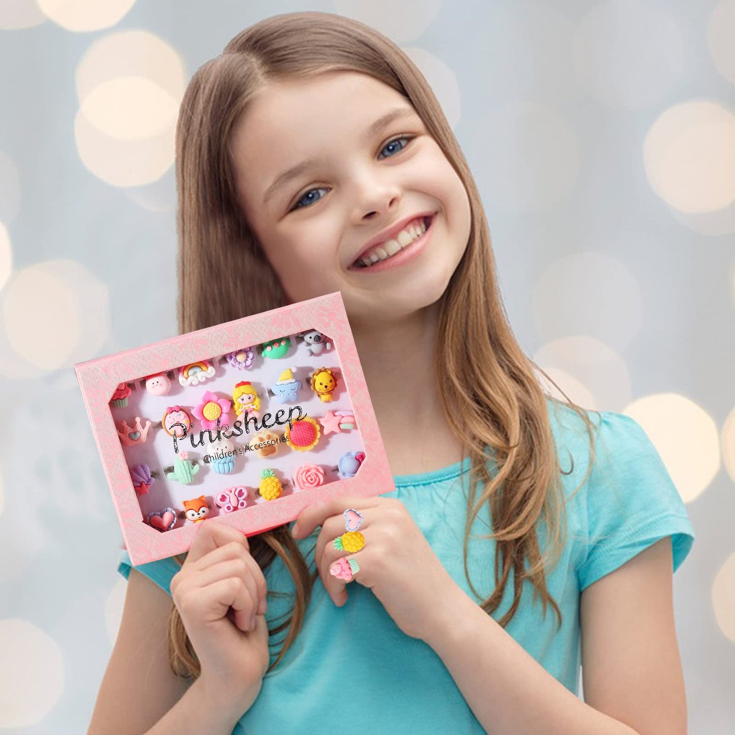 PinkSheep Little Girl Jewel Rings – Adjustable Princess Ring Set in Gift Box for Ages 3-12