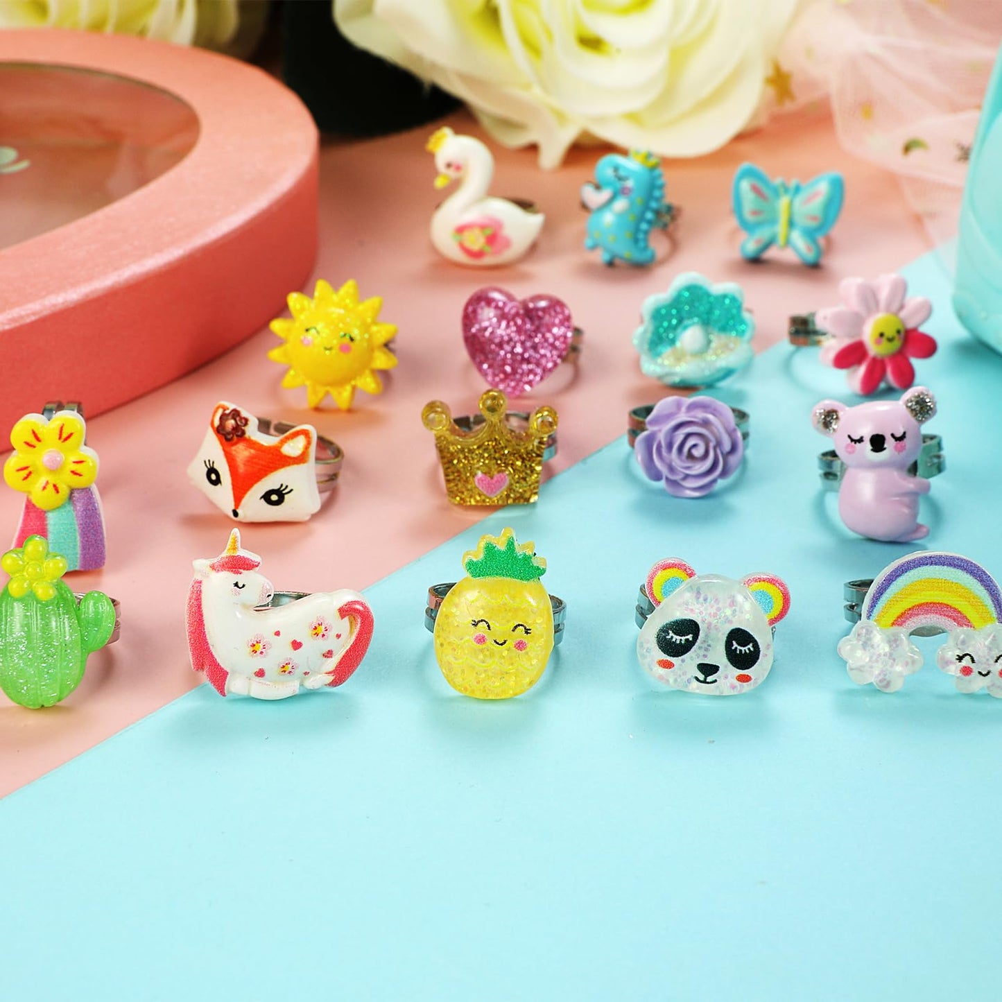 PinkSheep Little Girl Jewel Rings in Heart Box – Adjustable Dress-Up Rings for Kids