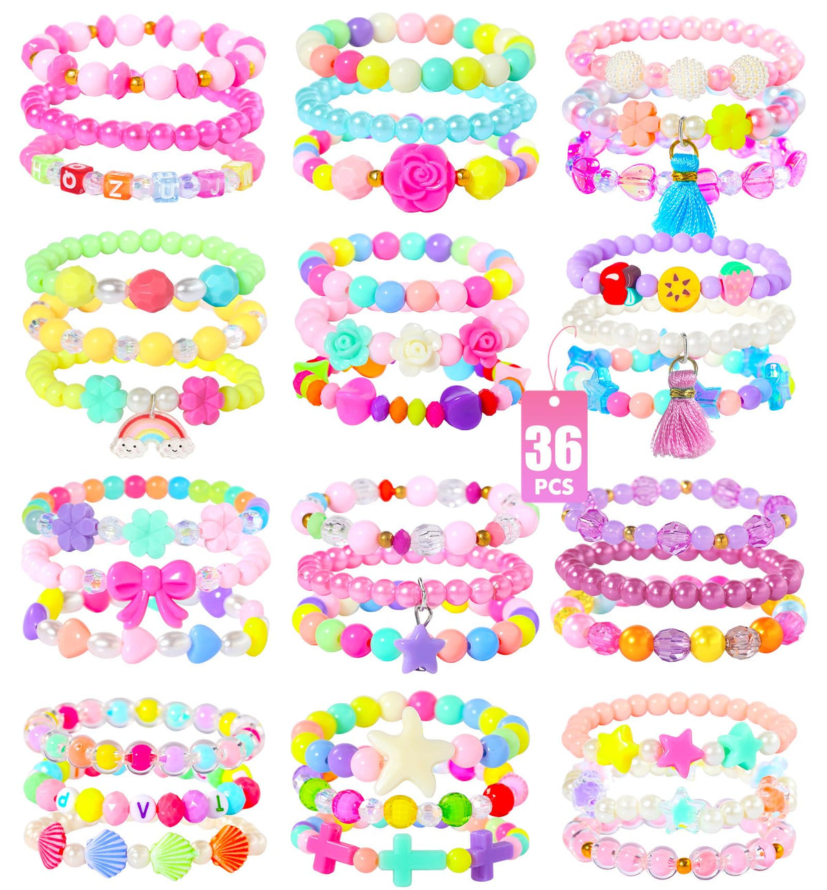 PinkSheep 36-Piece Girls Bracelets Set – Colorful Kids Jewelry