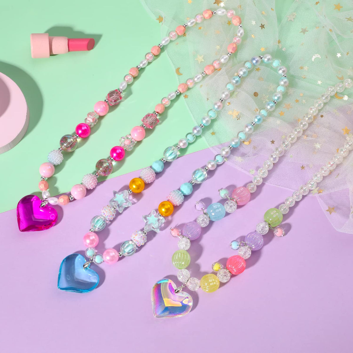 PinkSheep Beads Necklace & Bracelet Set for Kids – 3-Piece Heart Jewelry