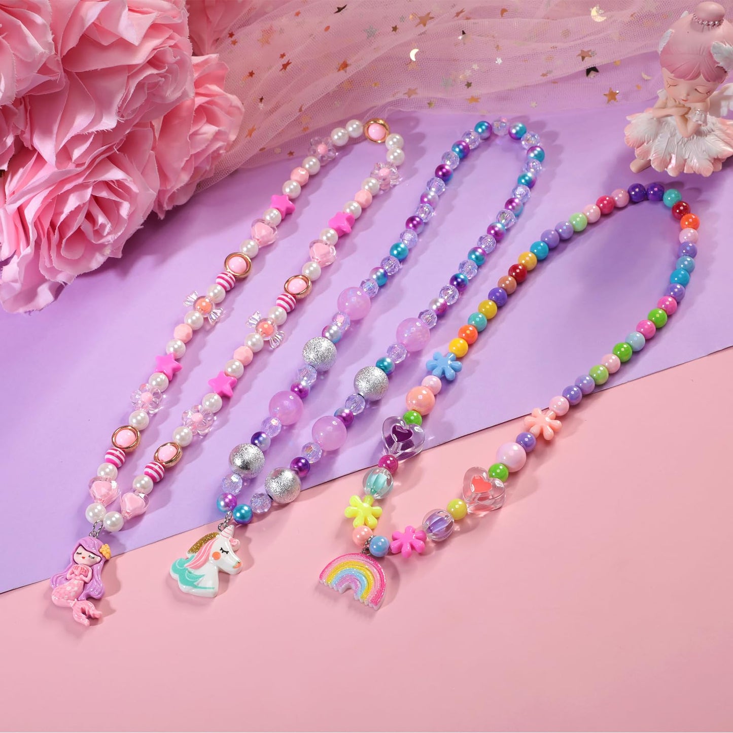 PinkSheep Kids Classic Beaded Jewelry — 3-Set Mermaid Necklaces & Bracelets for Girls