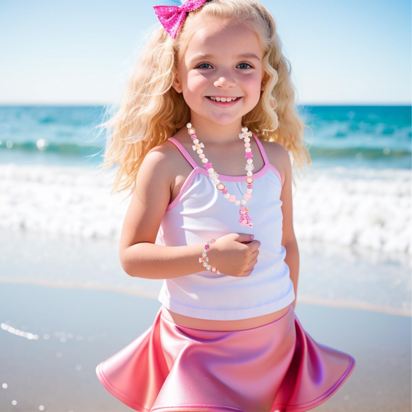 PinkSheep Kids Classic Beaded Jewelry — 3-Set Mermaid Necklaces & Bracelets for Girls
