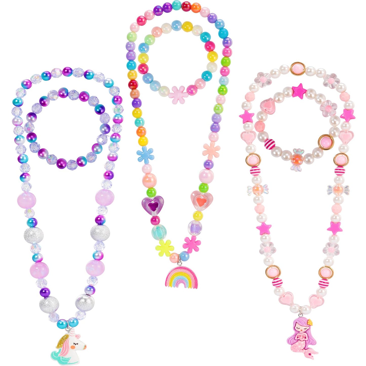 PinkSheep Kids Classic Beaded Jewelry — 3-Set Mermaid Necklaces & Bracelets for Girls