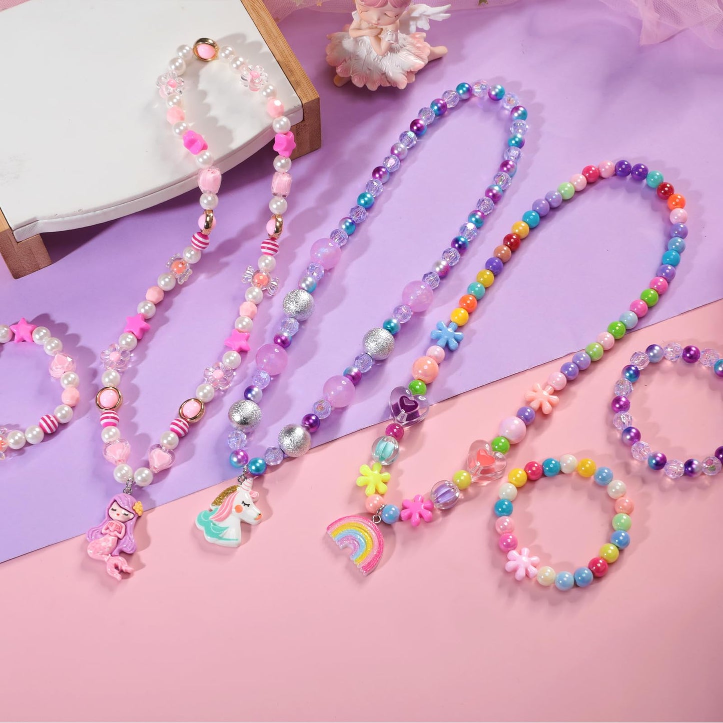 PinkSheep Kids Classic Beaded Jewelry — 3-Set Mermaid Necklaces & Bracelets for Girls