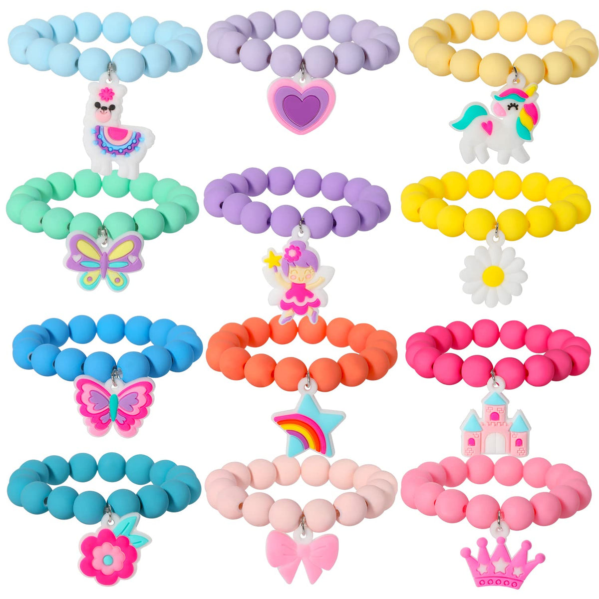 PinkSheep Rainbow Beaded Bracelets for Little Girls – Unicorn, Butterfly & Bunny Charms, Elastic Gift Set
