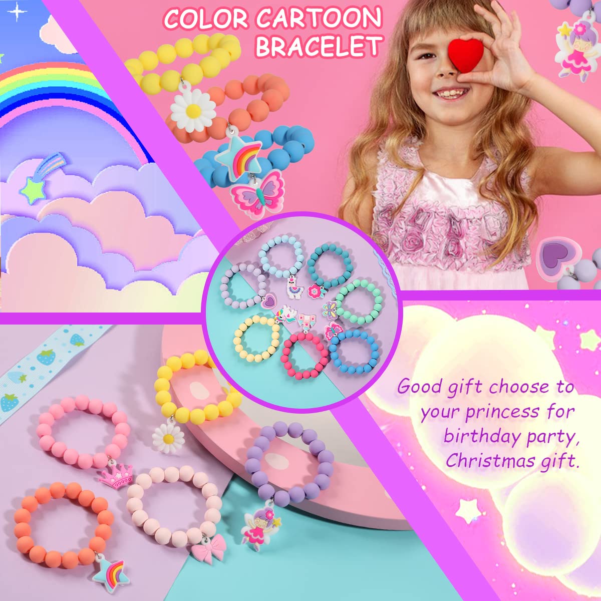 PinkSheep Rainbow Beaded Bracelets for Little Girls – Unicorn, Butterfly & Bunny Charms, Elastic Gift Set