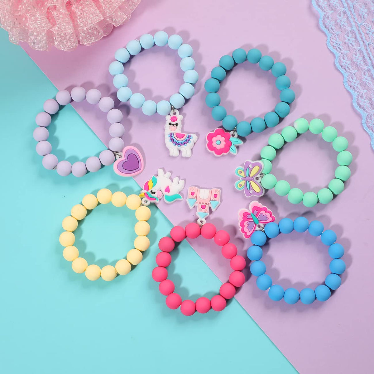 PinkSheep Rainbow Beaded Bracelets for Little Girls – Unicorn, Butterfly & Bunny Charms, Elastic Gift Set