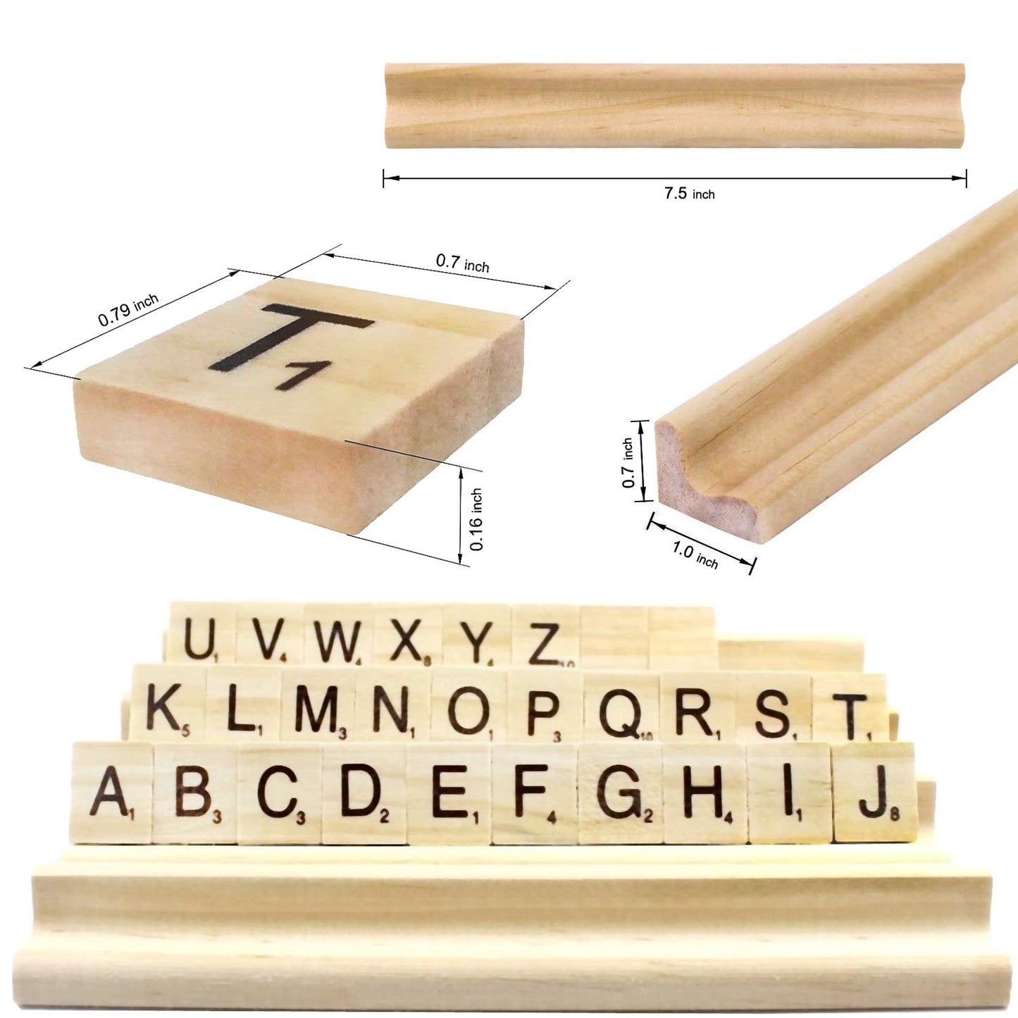 PINOWU 100pcs Wood Letter Tiles for Scrabble with Racks & Drawstring Bag