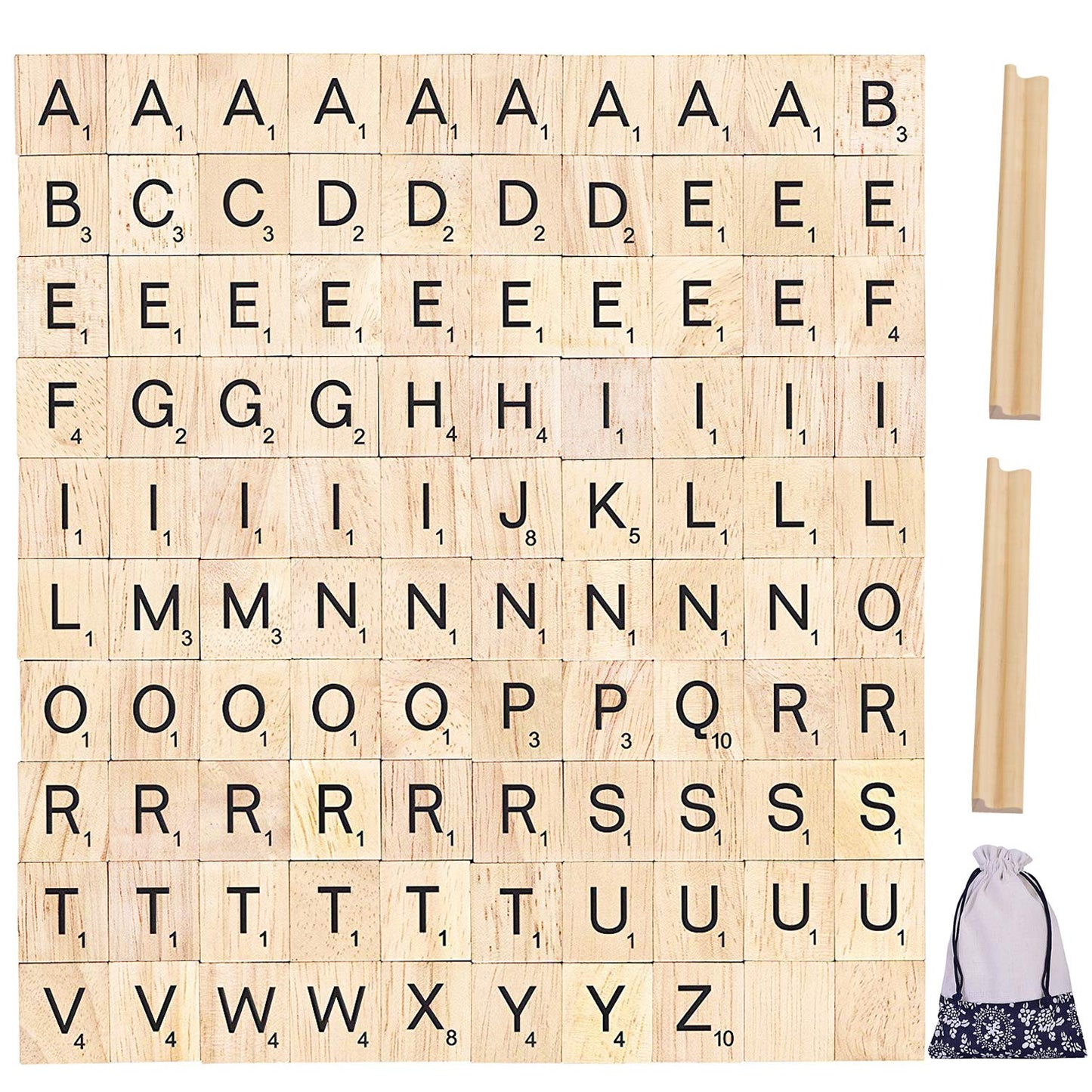 PINOWU 100pcs Wood Letter Tiles for Scrabble with Racks & Drawstring Bag