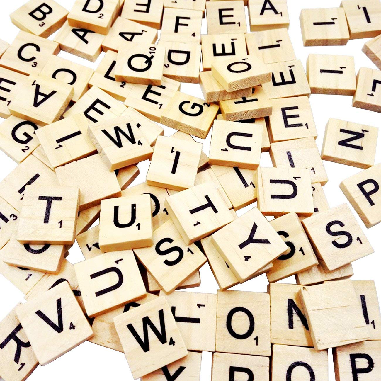 PINOWU 100pcs Wood Letter Tiles for Scrabble with Racks & Drawstring Bag
