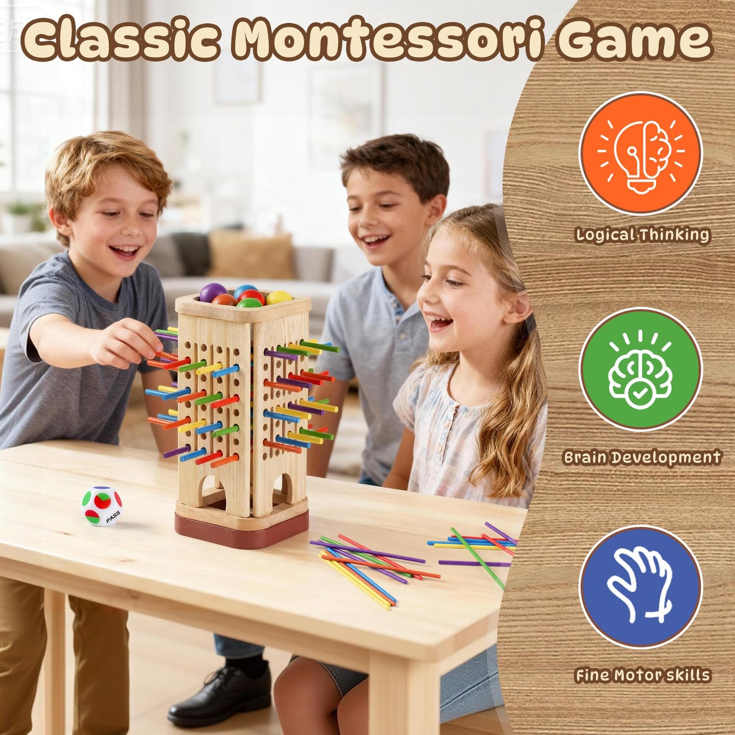 Pinshoon Montessori Wooden Board Game – Educational Fun for Kids 3-8 (2-6 Players)