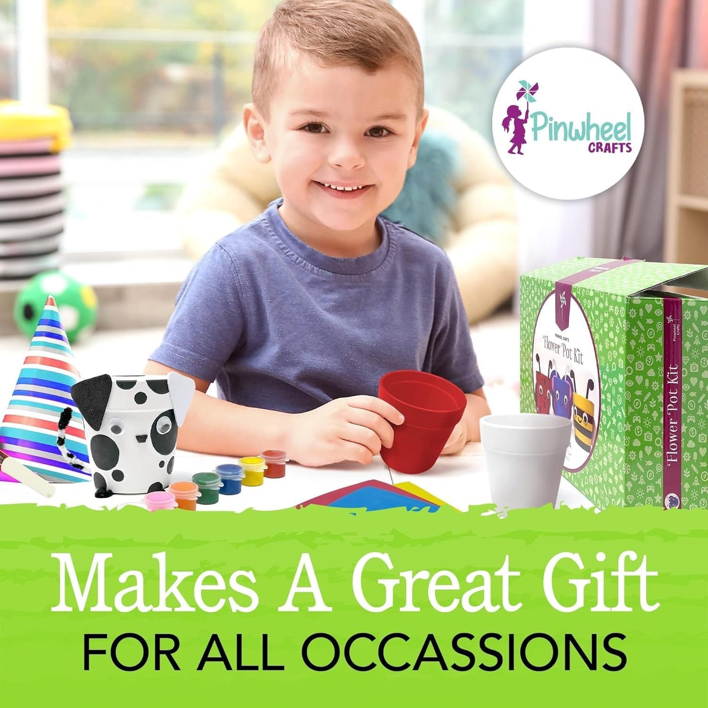 Pinwheel Crafts Flower Pot Painting Kit – Kids Garden Set with Seeds, Soil, 3 Pots, 8 Paints