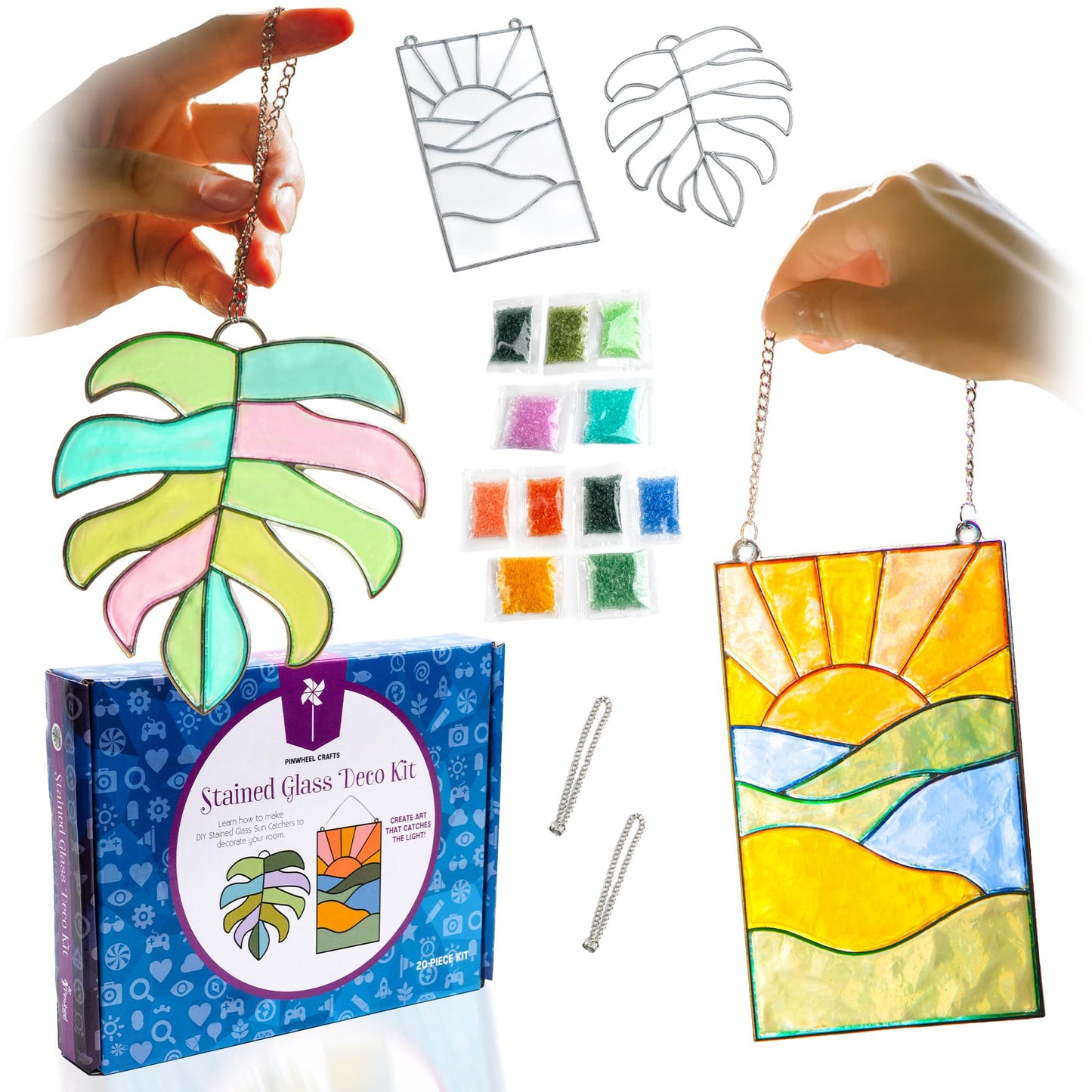 Pinwheel Crafts DIY Stained Glass Kit for Kids – 2 Frames, Beads & Hanging Chains